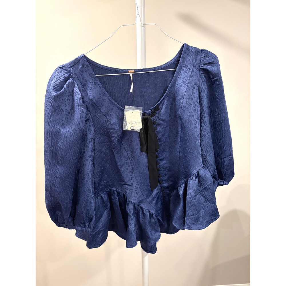 NWT Free People Pamela Bow Top Navy Blue Satin Jacquard Peplum L Coquette